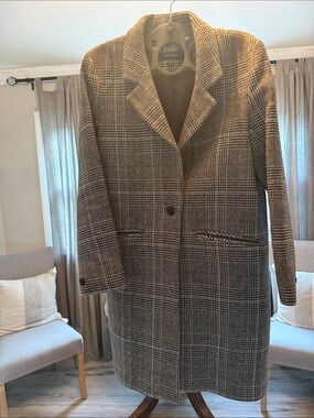 Cole Haan Brown and Gray Plaid Wool-Blend Pea Coat